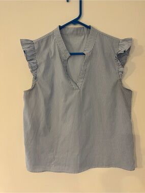 SHEIN Blue and White Striped Ruffle Sleeve V-Neck Top